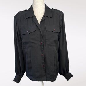 Black Button Down Blouse Semi Sheer Shoulder Pads 70s Style Small